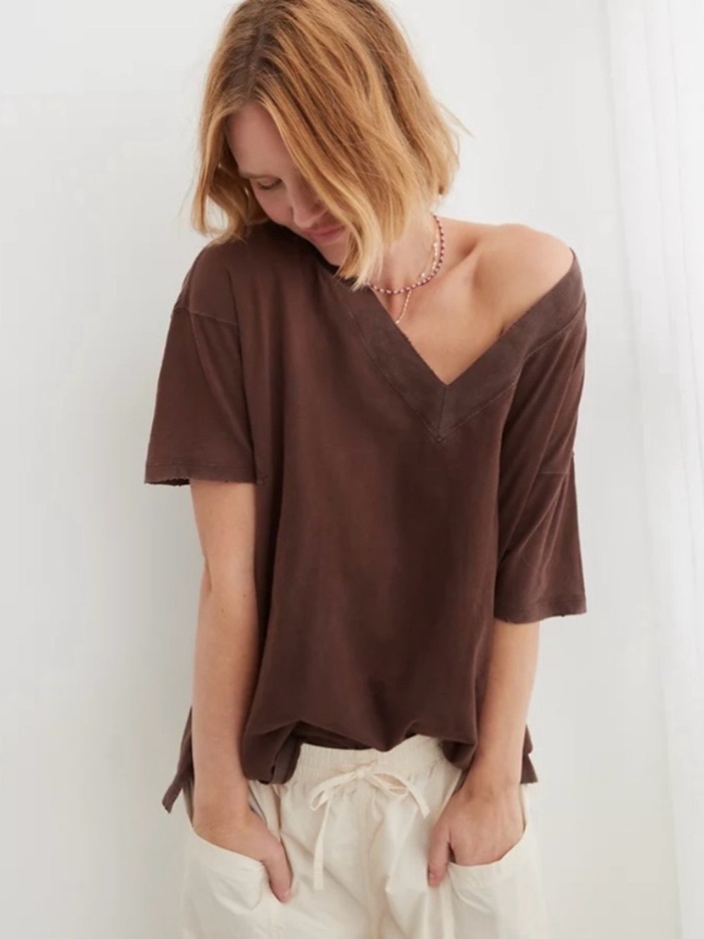Aerie Extreme V-Neck T-Shirt in Brown